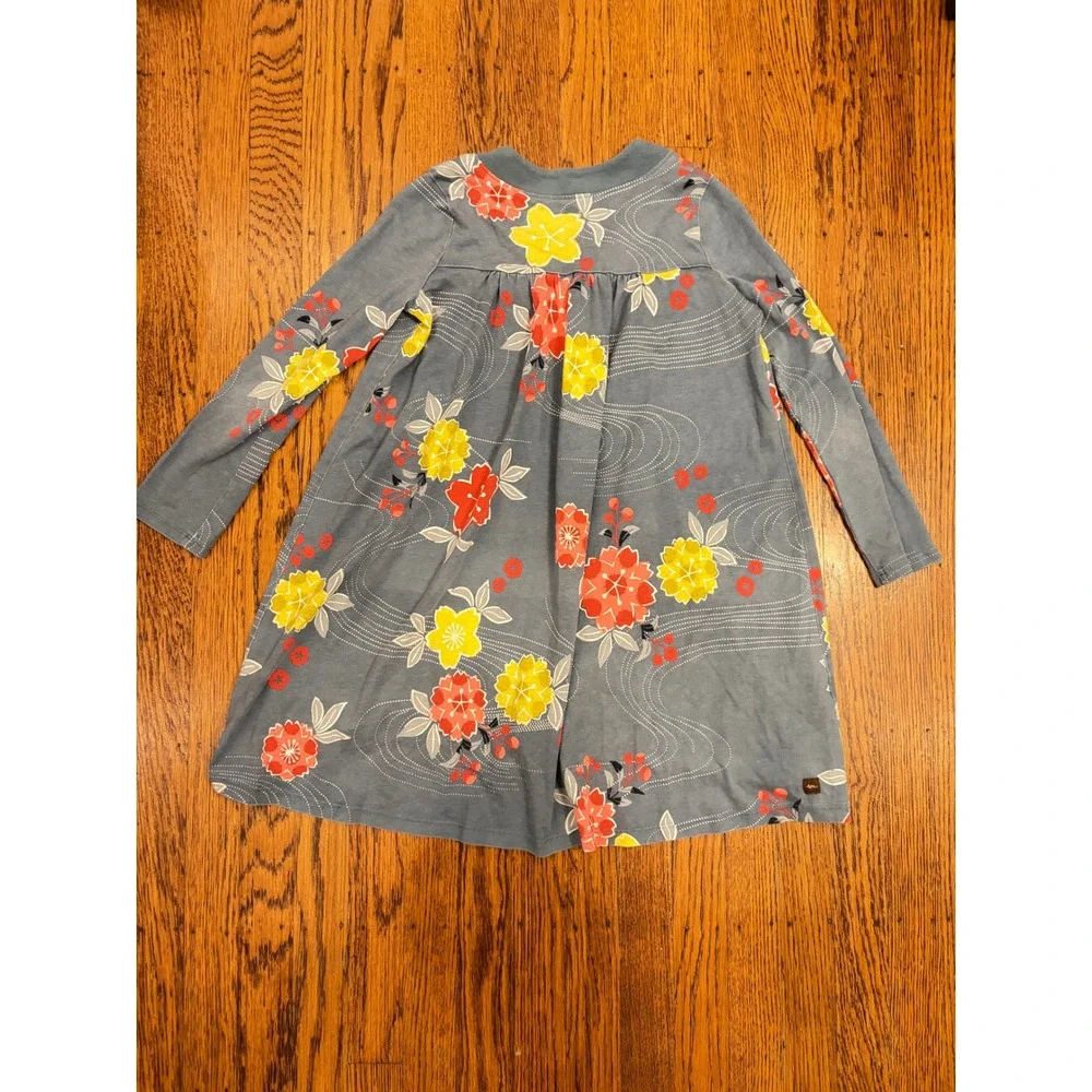 Tea Collection Girls Blue Floral Long Sleeve Cotton Jersey Dress Size 8